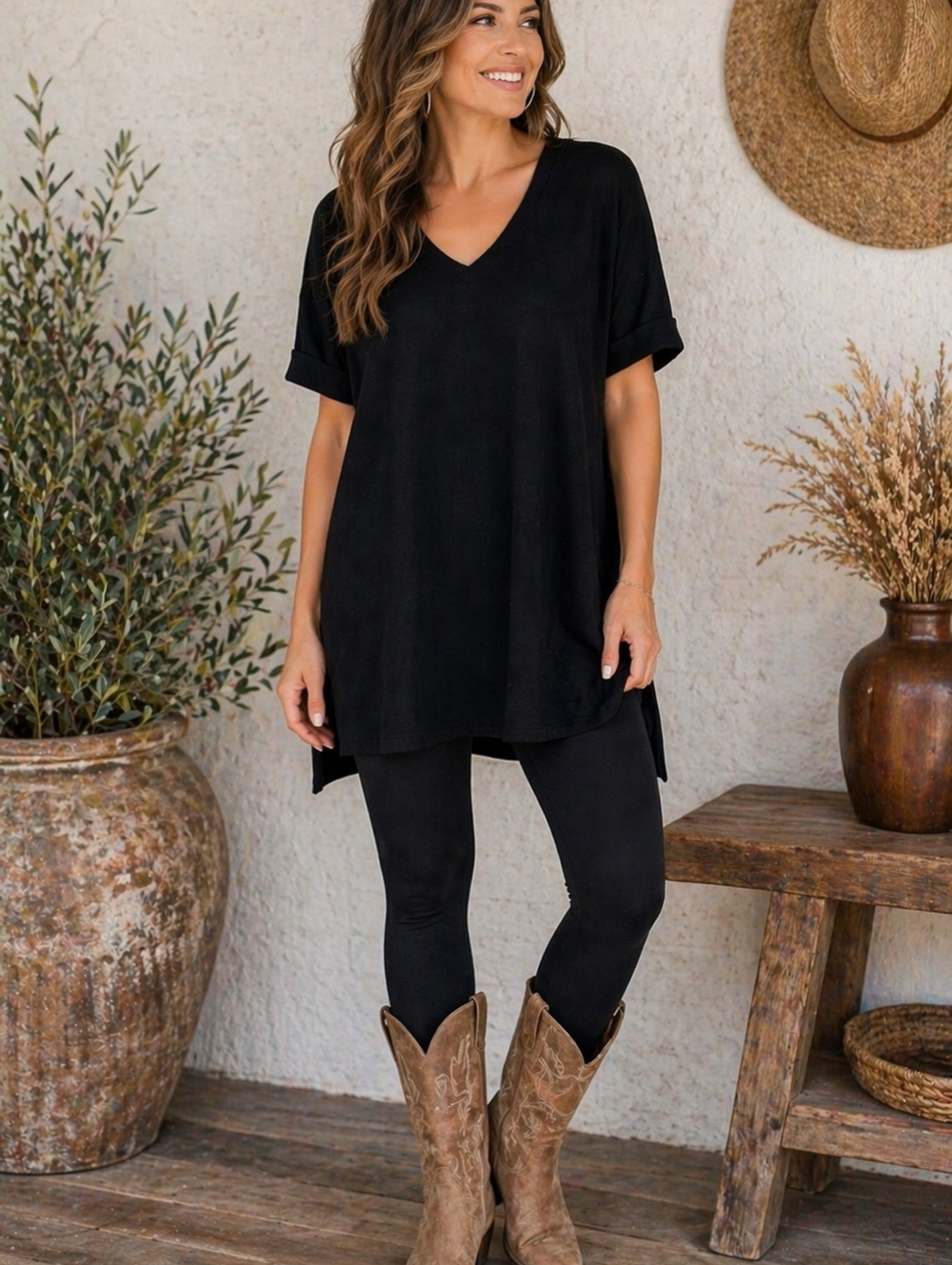 Chicos Black Tunic Top V Neck Oversized Side Slit Stretch XS S Minimalist Travel - Picture 1 of 8